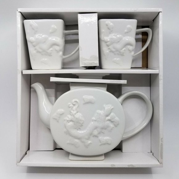 Z Gallerie White Chinese Dragon Tea Pot Set w Mugs White OPEN BOX